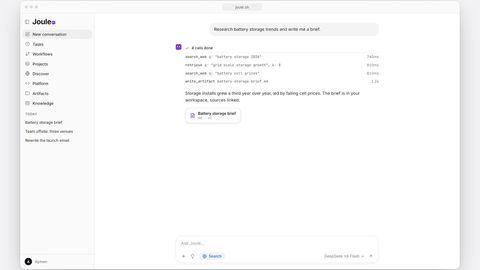 The Joule workspace, running a research task